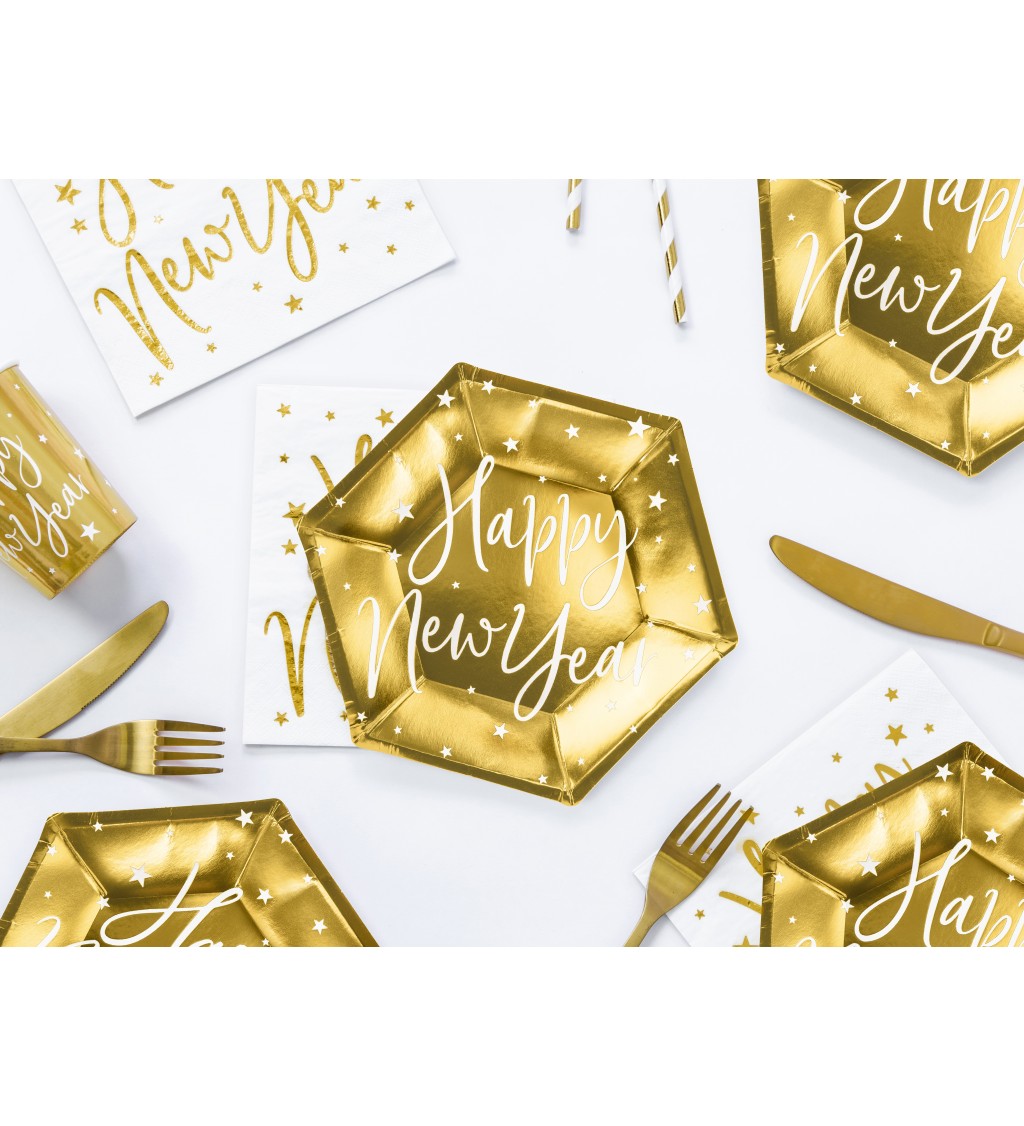 Zlaté talířky s nápisem Happy New Year