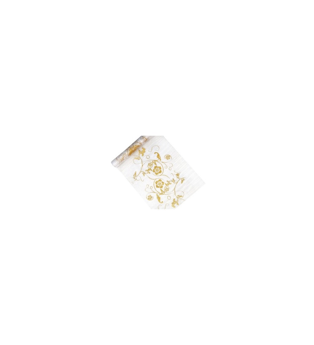 Bílá organza - zlaté pnoucí květy