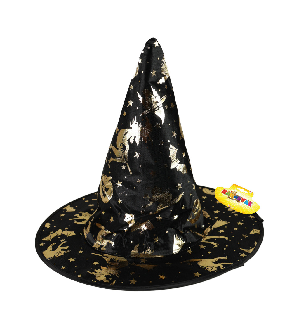 Dětský čarodějnický klobouk - černý se zlatými vzory