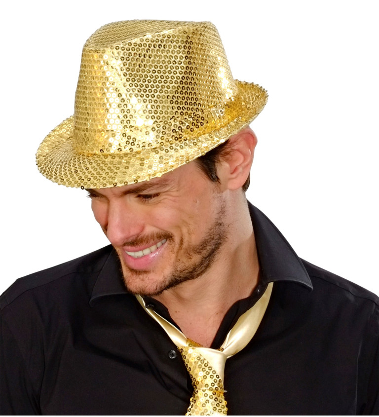 Zlatý glitrový klobouk - Fedora