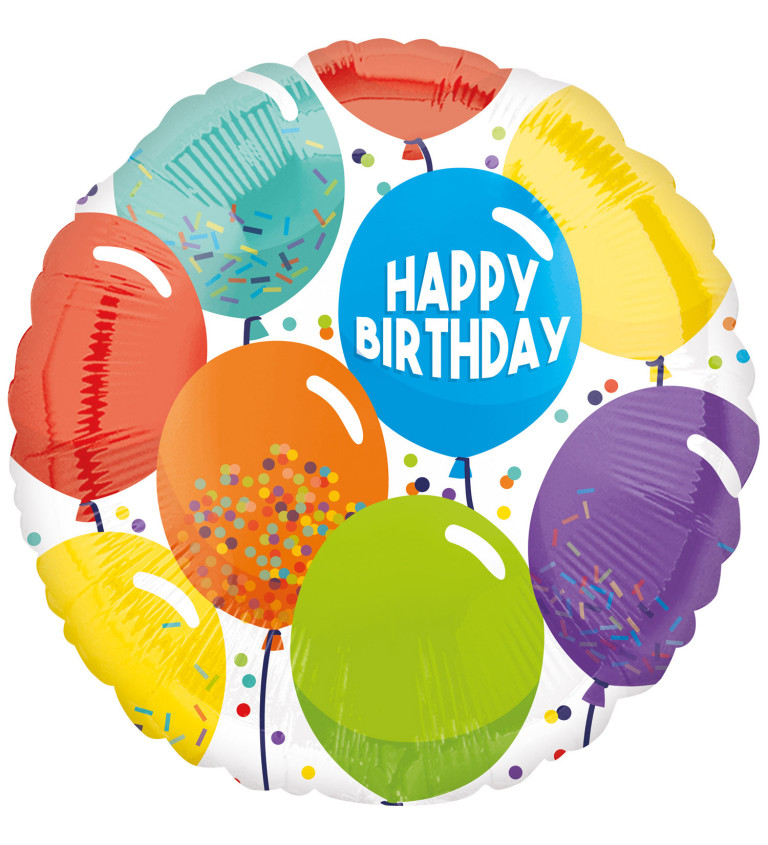 Fóliový balónek Happy Birthday s balónky