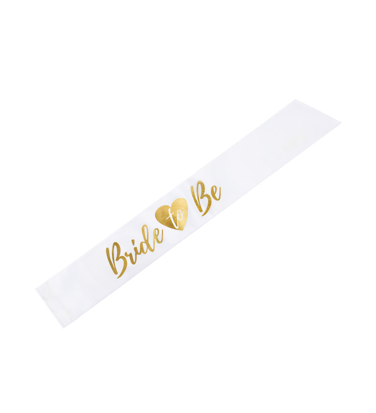 Bílá šerpa se zlatým nápisem "Bride to be"