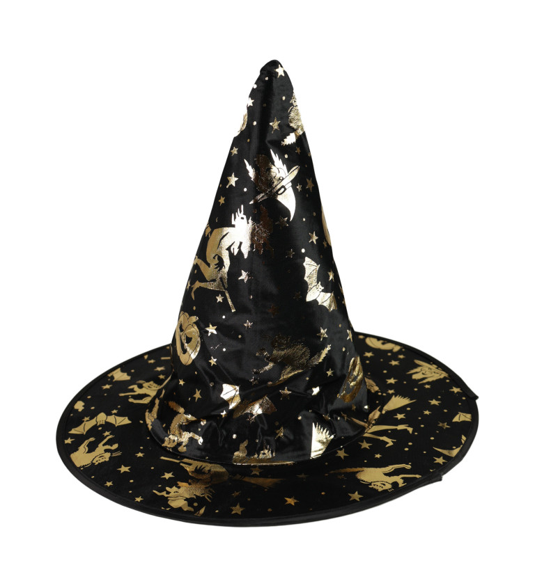 Dětský čarodějnický klobouk - černý se zlatými vzory